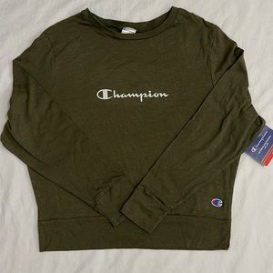 Champion Cotton Blend Long Sleeve Athletic Olive Green Tee